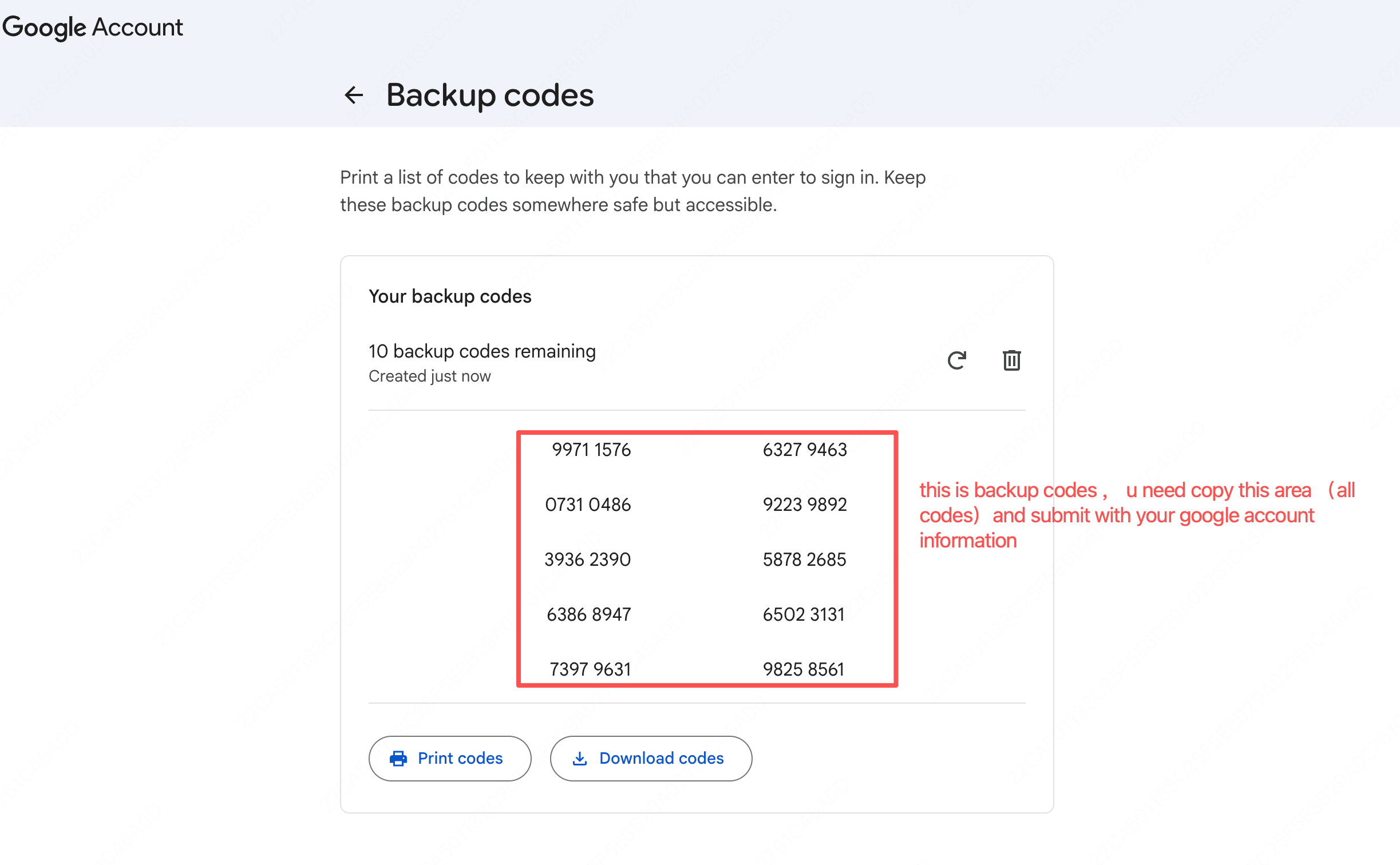Google backup codes list ready to copy