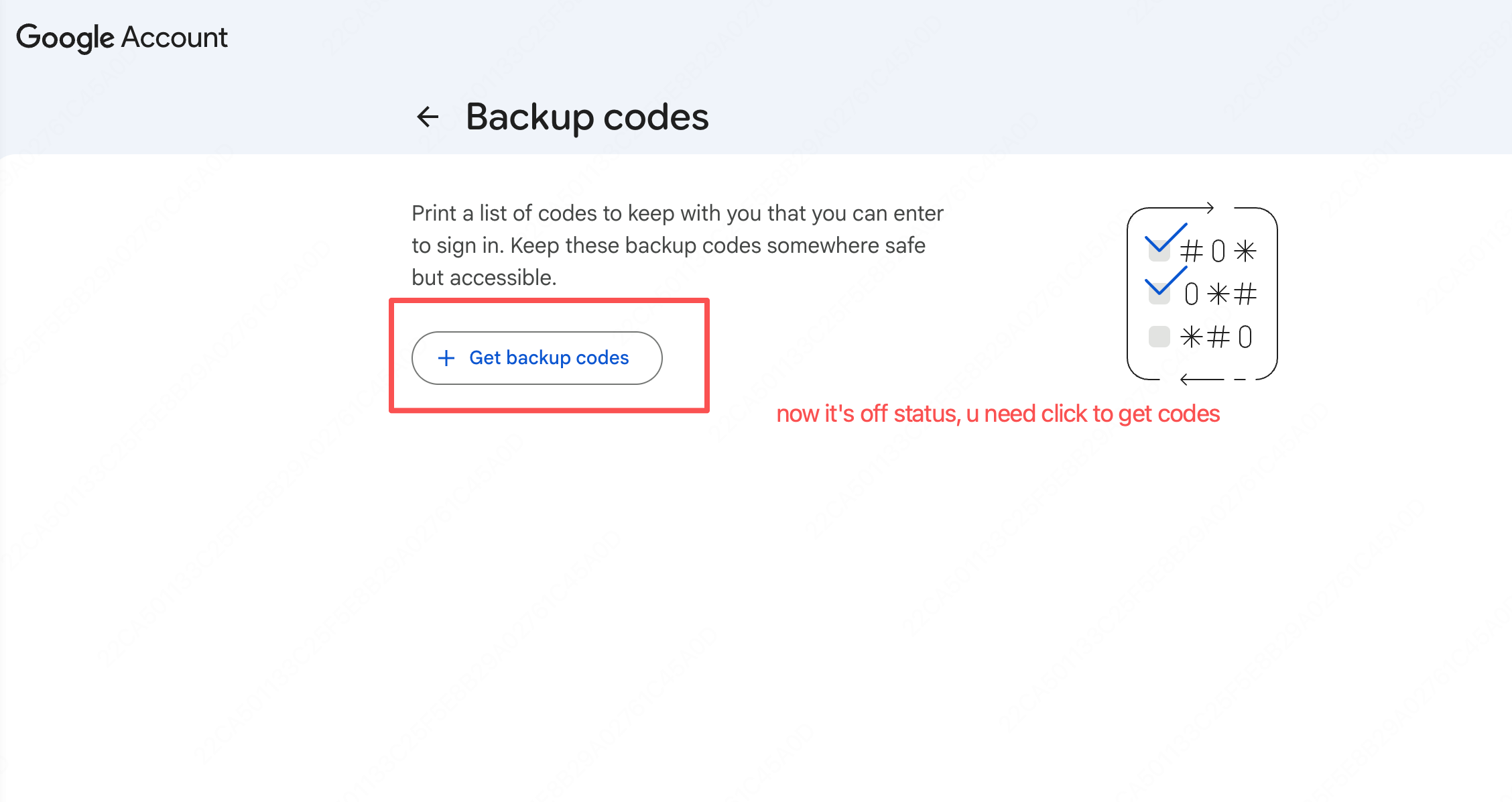 Google backup codes page with get backup codes button