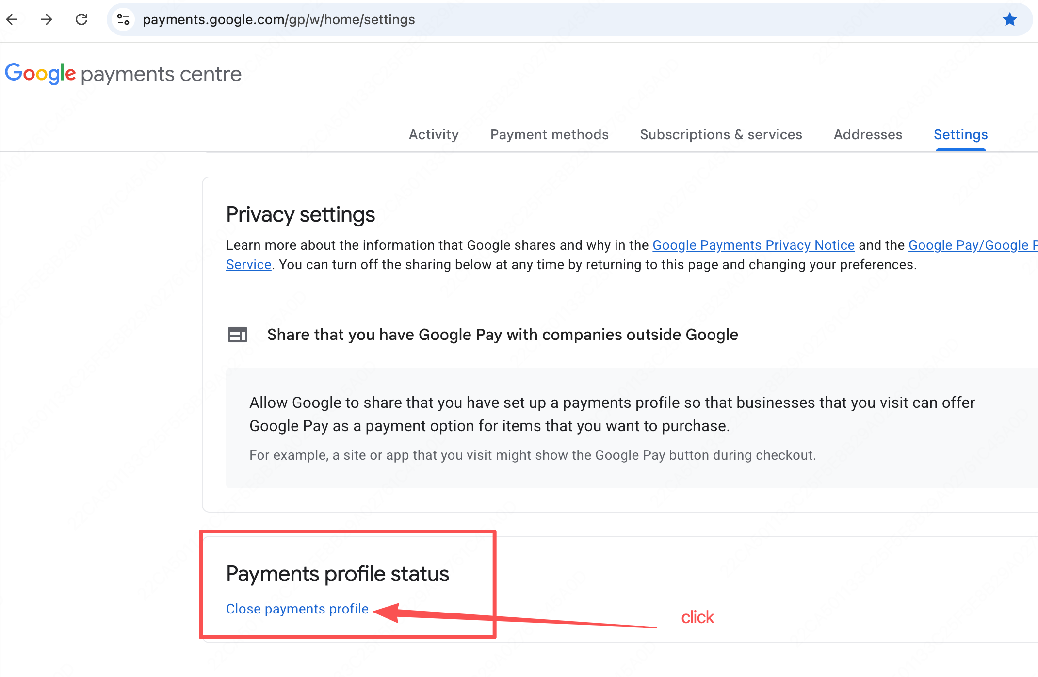 Google payment settings page with close payments profile link