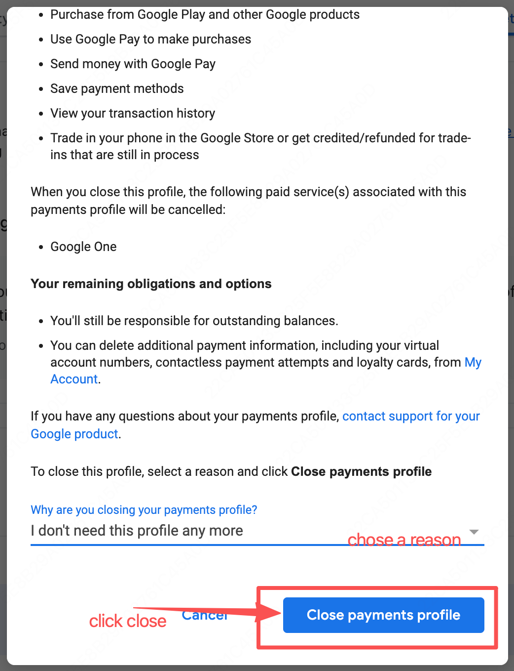 Close payments profile confirmation window