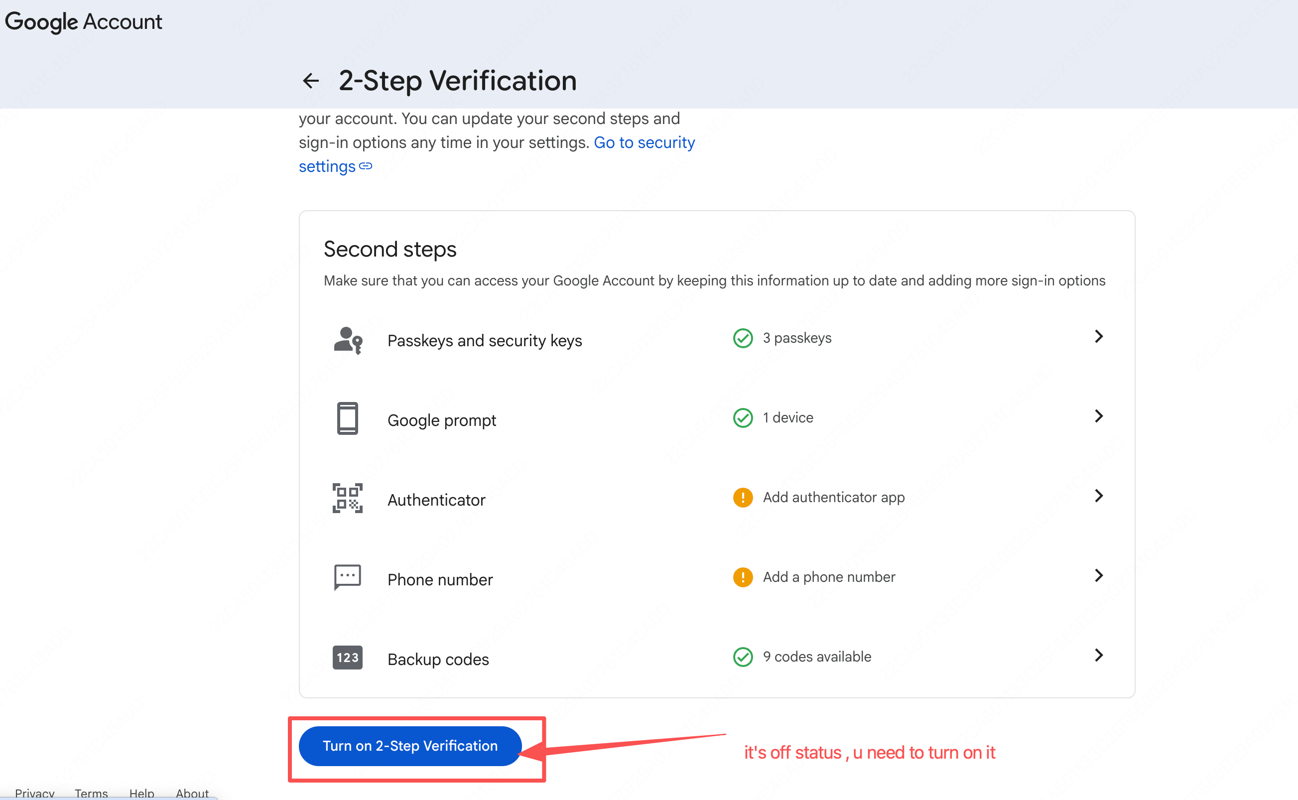 Google 2-step verification off status with turn on button